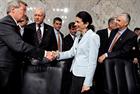 Senators Snowe and Baucus shake on the Americans Healthy Futures Bill