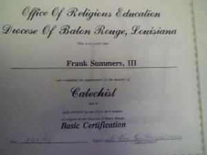 My Certification as a Catechist for the Diocese of Baton Rouge