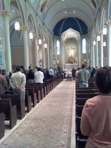 View of  a relative named Bubba's funeral from near the church entrance looking at the altar. The Christian faith centered around Jesus remains vital to our society.