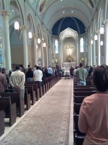 View of Bubba's funeral from near the church entrance looking at the altar.
